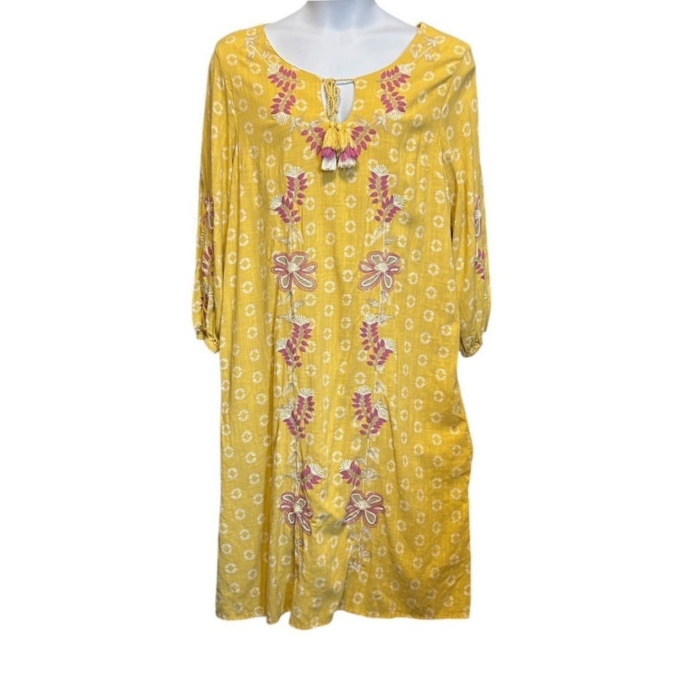 Charter Club Women Midi Dress XL Yellow Embroidered Floral Boho Cottagecore